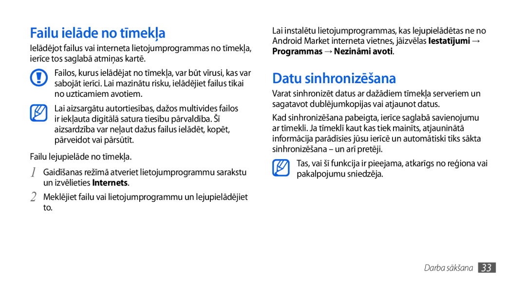 Samsung GT-I5800CWASEB, GT-I5800DKASEB manual Failu ielāde no tīmekļa, Datu sinhronizēšana, Failu lejupielāde no tīmekļa 