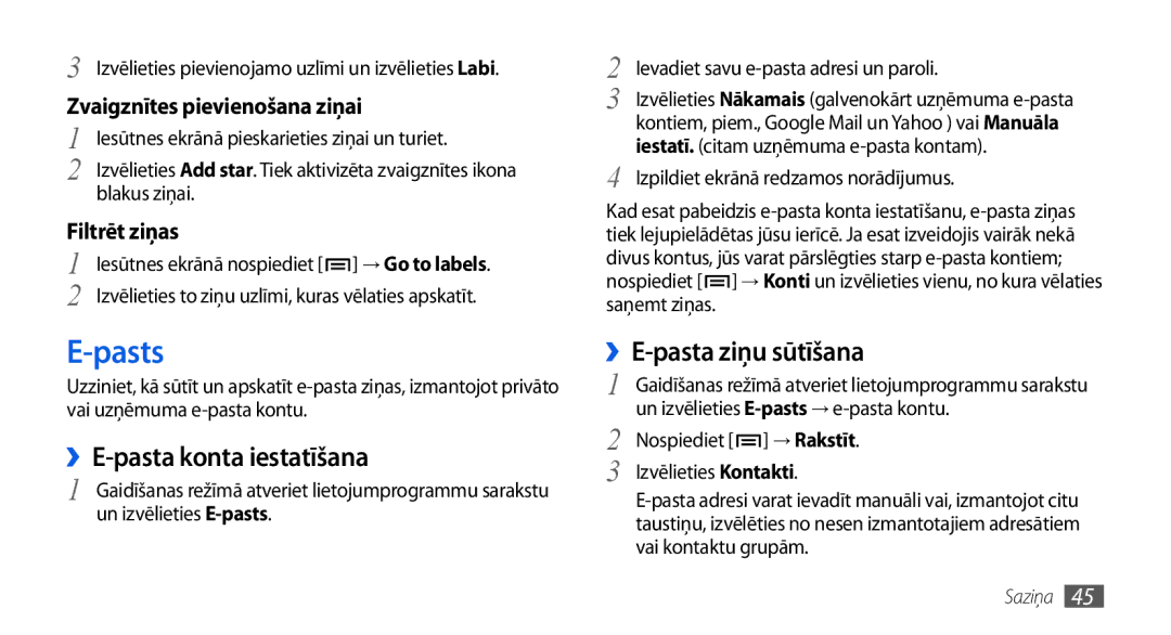 Samsung GT-I5800CWASEB, GT-I5800DKASEB manual Pasts, ››E-pasta konta iestatīšana 