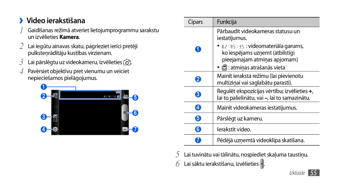 Samsung GT-I5800CWASEB, GT-I5800DKASEB ››Video ierakstīšana, Atmiņas atrašanās vieta, Lai sāktu ierakstīšanu, izvēlieties 