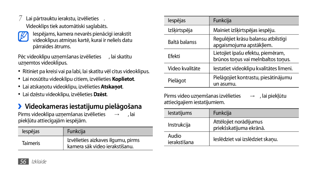 Samsung GT-I5800DKASEB, GT-I5800CWASEB manual ››Videokameras iestatījumu pielāgošana 