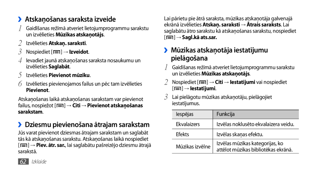 Samsung GT-I5800DKASEB, GT-I5800CWASEB manual ››Atskaņošanas saraksta izveide, ››Mūzikas atskaņotāja iestatījumu pielāgošana 