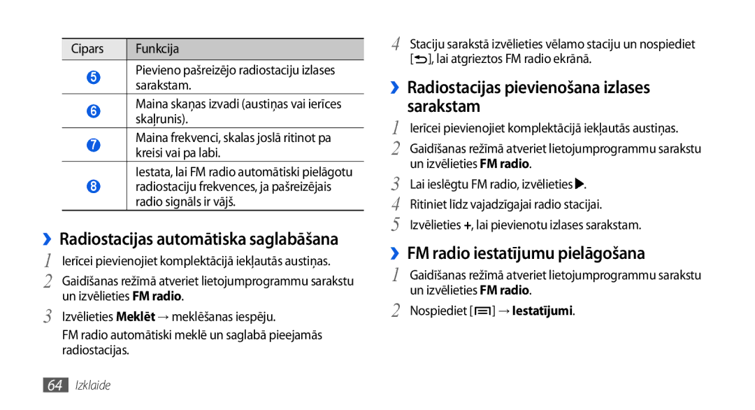 Samsung GT-I5800DKASEB manual Sarakstam, ››Radiostacijas automātiska saglabāšana, ››Radiostacijas pievienošana izlases 