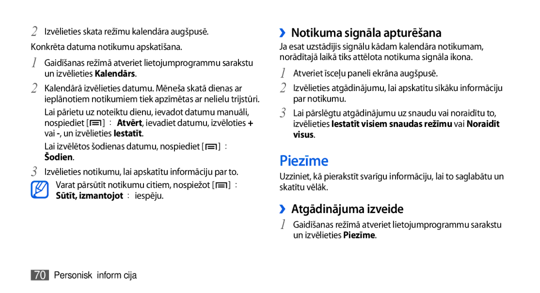 Samsung GT-I5800DKASEB, GT-I5800CWASEB manual Piezīme, ››Notikuma signāla apturēšana, ››Atgādinājuma izveide, Šodien, Visus 