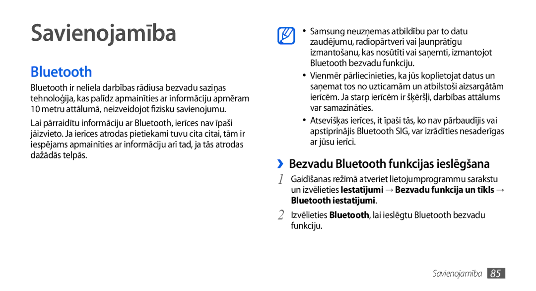 Samsung GT-I5800CWASEB manual Savienojamība, ››Bezvadu Bluetooth funkcijas ieslēgšana, Bluetooth iestatījumi, Funkciju 