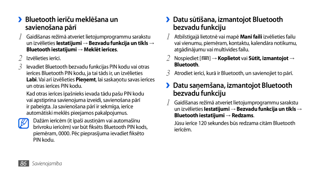 Samsung GT-I5800DKASEB, GT-I5800CWASEB manual ››Datu sūtīšana, izmantojot Bluetooth bezvadu funkciju, Bezvadu funkciju 