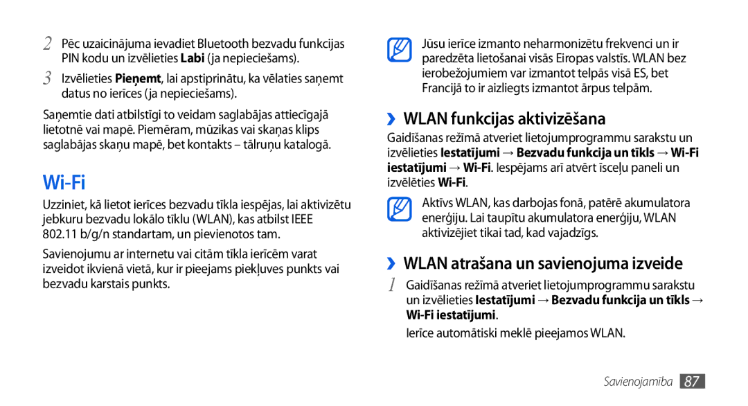 Samsung GT-I5800CWASEB, GT-I5800DKASEB manual Wi-Fi, ››WLAN funkcijas aktivizēšana, ››WLAN atrašana un savienojuma izveide 