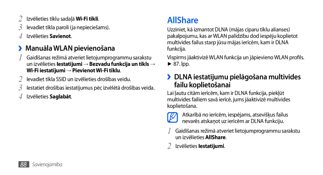 Samsung GT-I5800DKASEB, GT-I5800CWASEB manual AllShare, ››Manuāla Wlan pievienošana 