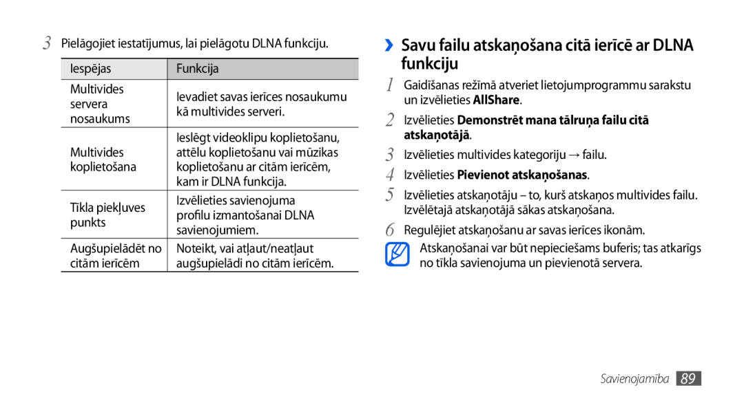 Samsung GT-I5800CWASEB, GT-I5800DKASEB manual ››Savu failu atskaņošana citā ierīcē ar Dlna funkciju, Atskaņotājā 