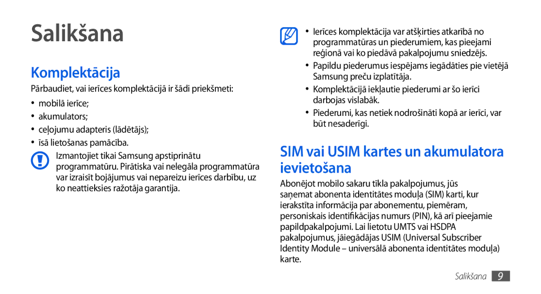 Samsung GT-I5800CWASEB, GT-I5800DKASEB manual Salikšana, Komplektācija, SIM vai Usim kartes un akumulatora ievietošana 