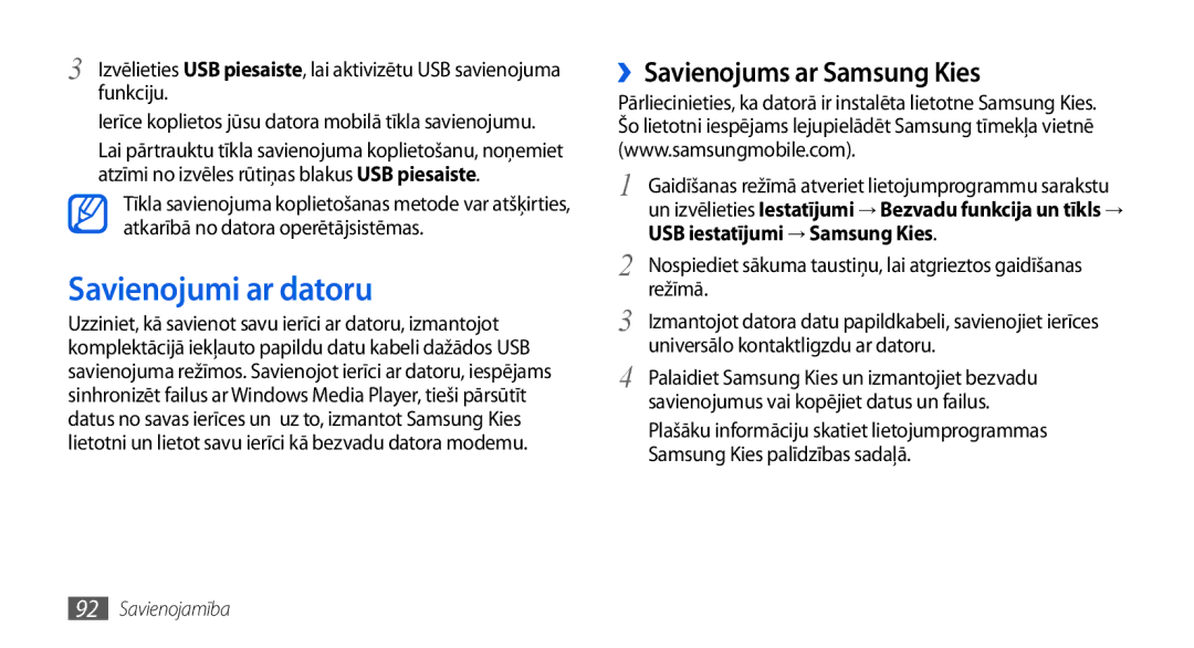 Samsung GT-I5800DKASEB, GT-I5800CWASEB manual Savienojumi ar datoru, ››Savienojums ar Samsung Kies 