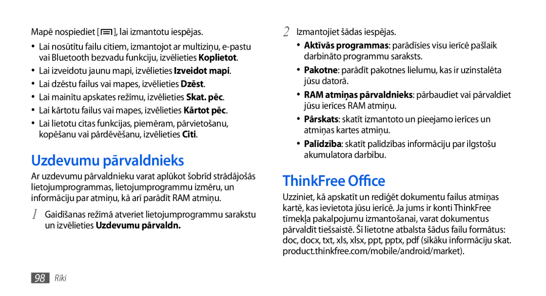 Samsung GT-I5800DKASEB, GT-I5800CWASEB Uzdevumu pārvaldnieks, ThinkFree Office, Mapē nospiediet , lai izmantotu iespējas 