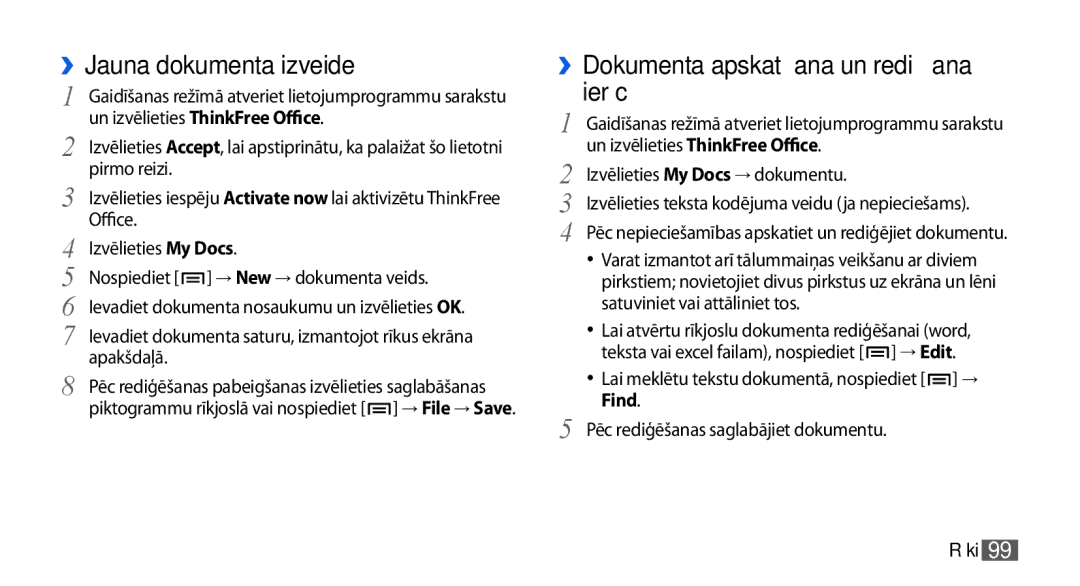 Samsung GT-I5800CWASEB, GT-I5800DKASEB manual ››Jauna dokumenta izveide, ››Dokumenta apskatīšana un rediģēšana ierīcē, Find 