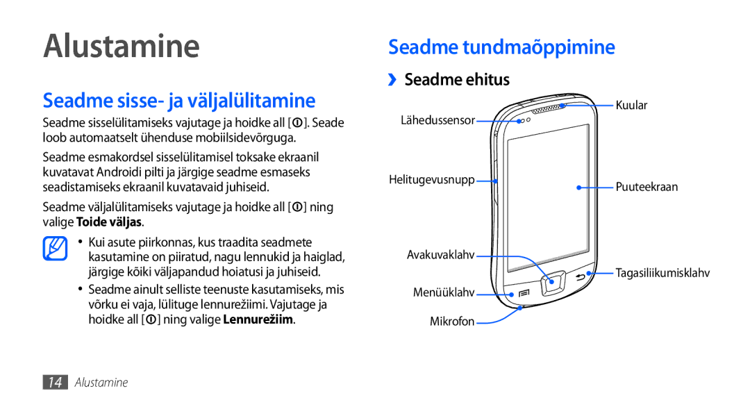 Samsung GT-I5800DKASEB manual Alustamine, Seadme sisse- ja väljalülitamine, Seadme tundmaõppimine, ››Seadme ehitus 