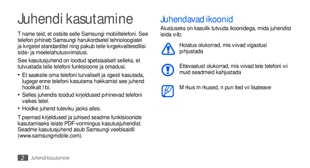 Samsung GT-I5800DKASEB, GT-I5800CWASEB manual Juhendi kasutamine, Juhendavad ikoonid 