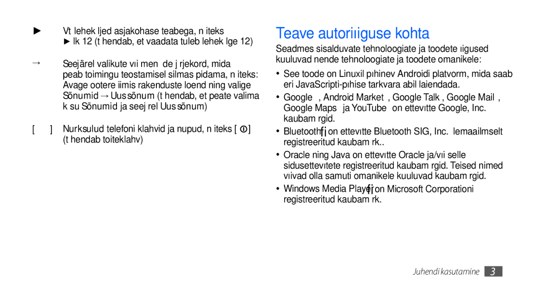 Samsung GT-I5800CWASEB manual Teave autoriõiguse kohta, Vt-leheküljed asjakohase teabega, näiteks, Tähendab toiteklahv 