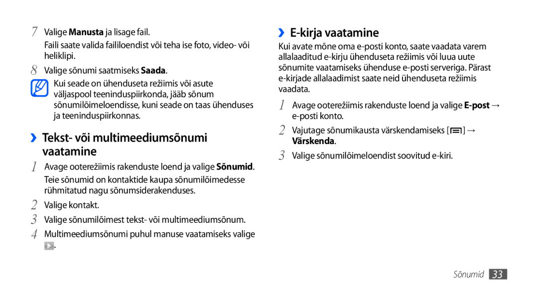 Samsung GT-I5800CWASEB, GT-I5800DKASEB manual ››E-kirja vaatamine, ››Tekst- või multimeediumsõnumi vaatamine, Värskenda 