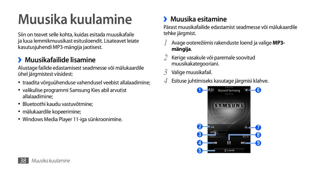 Samsung GT-I5800DKASEB, GT-I5800CWASEB manual Muusika kuulamine, ››Muusikafailide lisamine, ››Muusika esitamine 