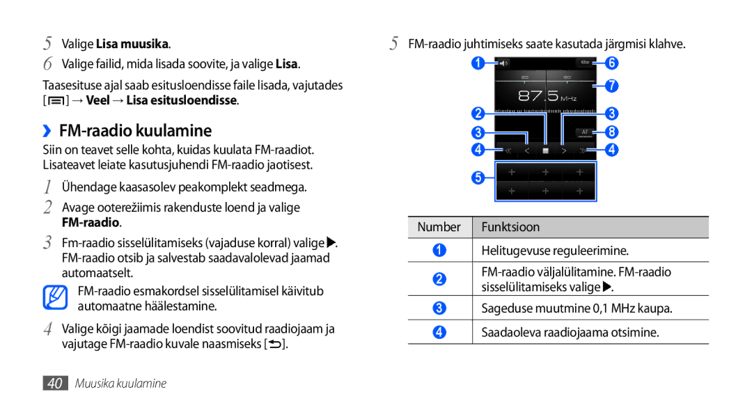 Samsung GT-I5800DKASEB, GT-I5800CWASEB manual ››FM-raadio kuulamine, Valige Lisa muusika 