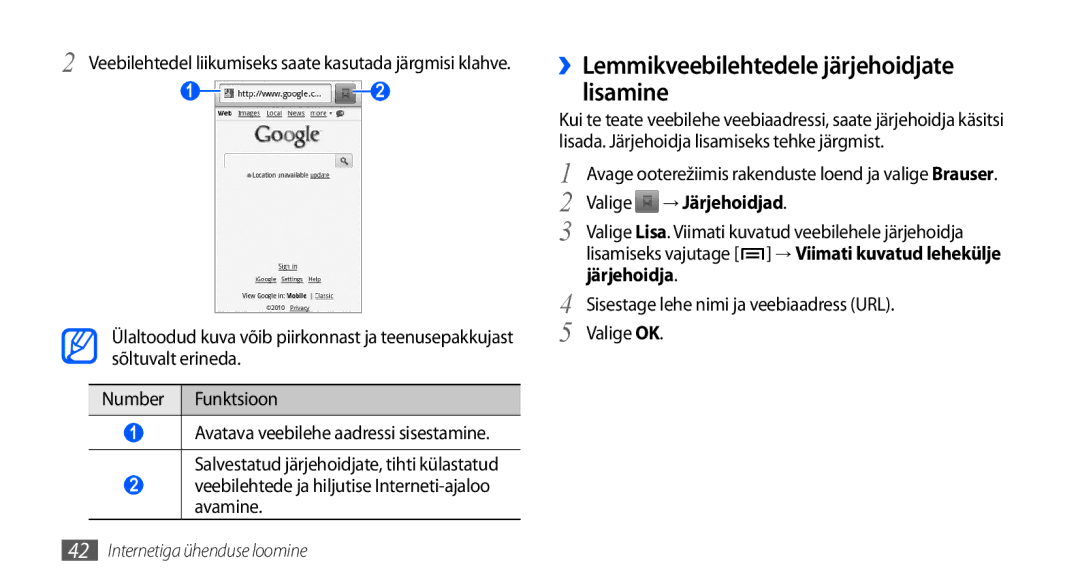 Samsung GT-I5800DKASEB ››Lemmikveebilehtedele järjehoidjate lisamine, Veebilehtede ja hiljutise Interneti-ajaloo avamine 