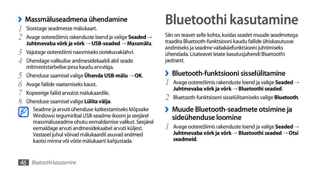 Samsung GT-I5800DKASEB manual ››Massmäluseadmena ühendamine, ››Bluetooth-funktsiooni sisselülitamine, Sideühenduse loomine 