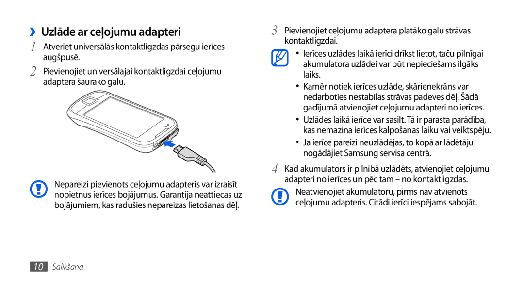 Samsung GT-I5800DKASEB, GT-I5800CWASEB manual ››Uzlāde ar ceļojumu adapteri 