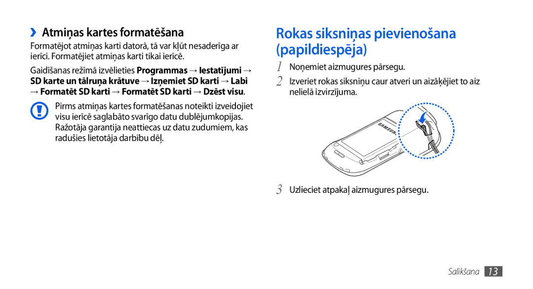 Samsung GT-I5800CWASEB manual ››Atmiņas kartes formatēšana, Nelielā izvirzījuma Uzlieciet atpakaļ aizmugures pārsegu 