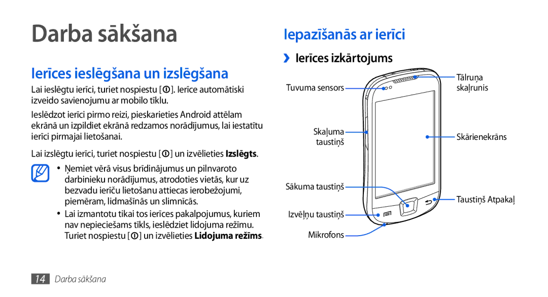 Samsung GT-I5800DKASEB, GT-I5800CWASEB manual Darba sākšana, Ierīces ieslēgšana un izslēgšana, ››Ierīces izkārtojums 