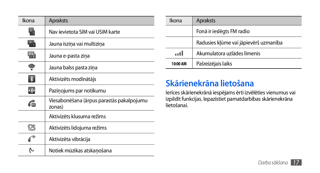 Samsung GT-I5800CWASEB, GT-I5800DKASEB manual Skārienekrāna lietošana, Akumulatora uzlādes līmenis, Pašreizējais laiks 