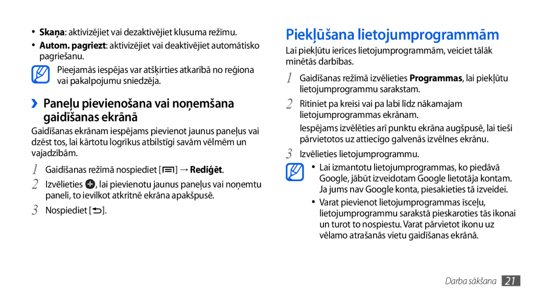 Samsung GT-I5800CWASEB manual Piekļūšana lietojumprogrammām, ››Paneļu pievienošana vai noņemšana gaidīšanas ekrānā 