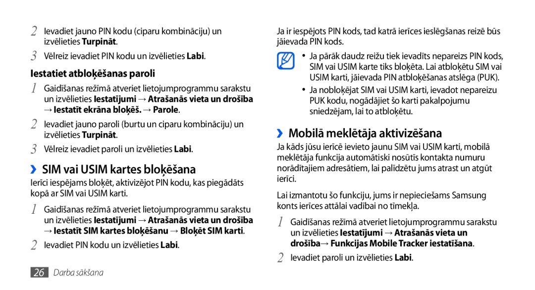 Samsung GT-I5800DKASEB, GT-I5800CWASEB manual ››SIM vai Usim kartes bloķēšana, ››Mobilā meklētāja aktivizēšana 