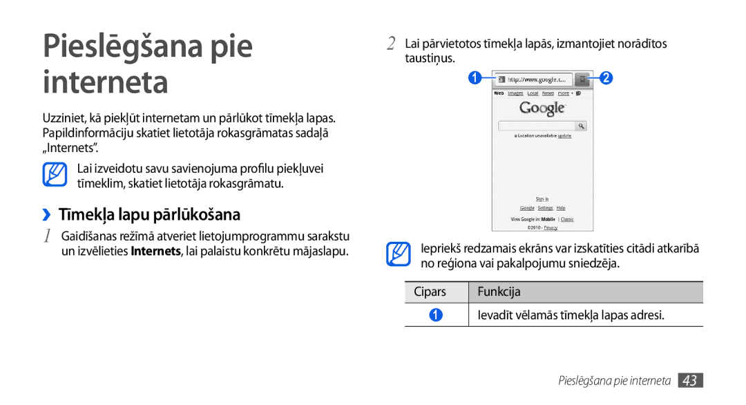 Samsung GT-I5800CWASEB, GT-I5800DKASEB manual Pieslēgšana pie, Interneta, ››Tīmekļa lapu pārlūkošana 