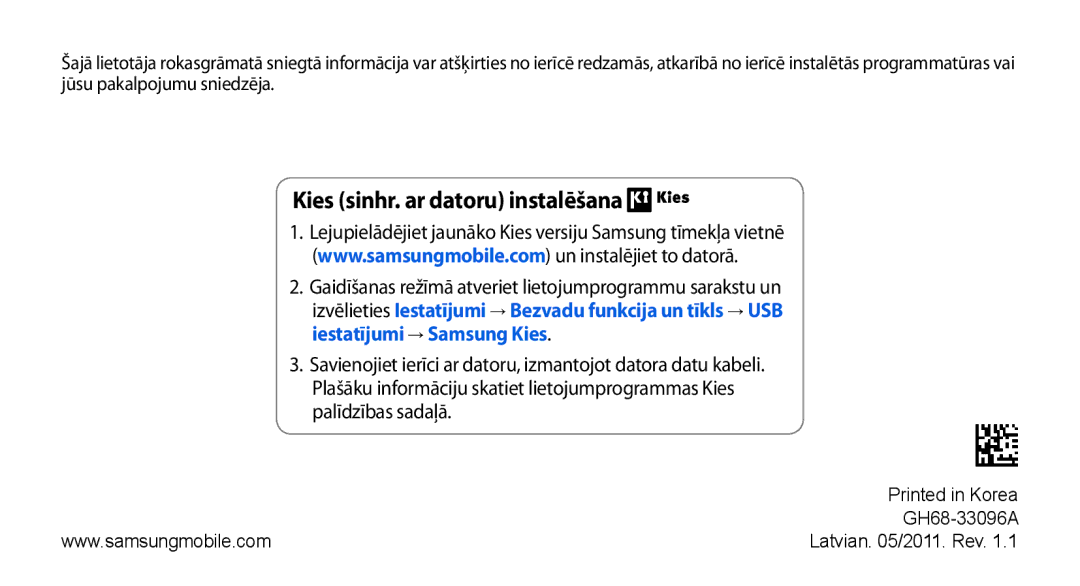 Samsung GT-I5800DKASEB, GT-I5800CWASEB manual Kies sinhr. ar datoru instalēšana 