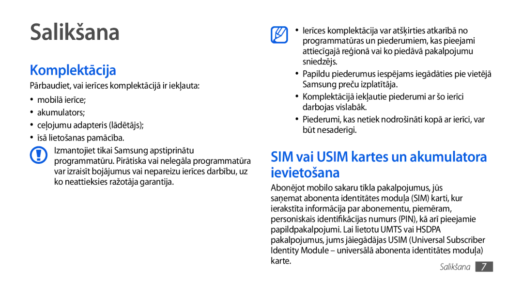 Samsung GT-I5800CWASEB manual Komplektācija, SIM vai Usim kartes un akumulatora ievietošana, Karte.7 Salikšana 