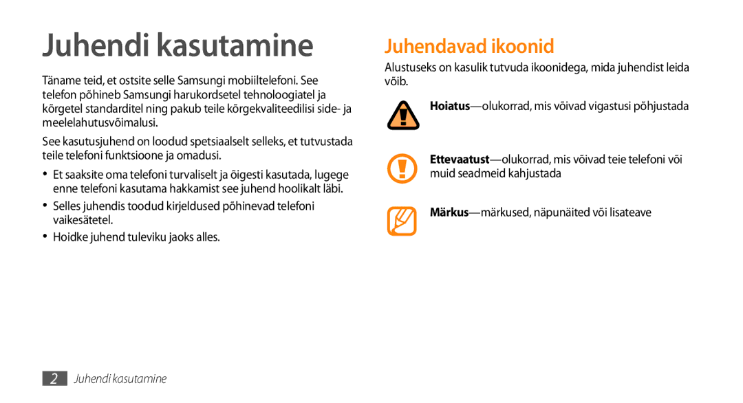 Samsung GT-I5800DKASEB, GT-I5800CWASEB manual Juhendi kasutamine, Juhendavad ikoonid 