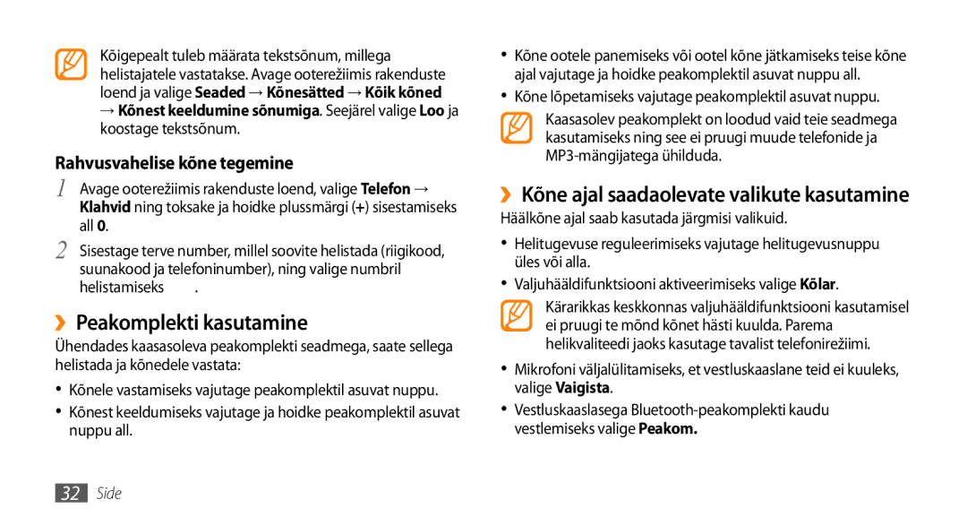 Samsung GT-I5800DKASEB, GT-I5800CWASEB manual ››Peakomplekti kasutamine, Rahvusvahelise kõne tegemine 