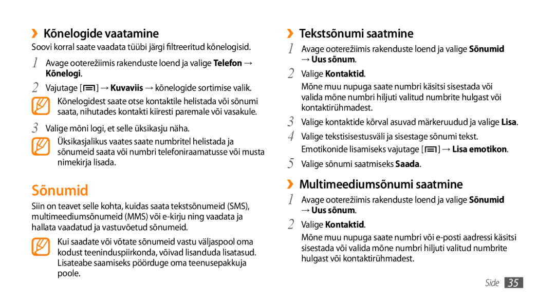 Samsung GT-I5800CWASEB manual Sõnumid, ››Kõnelogide vaatamine, ››Tekstsõnumi saatmine, ››Multimeediumsõnumi saatmine 