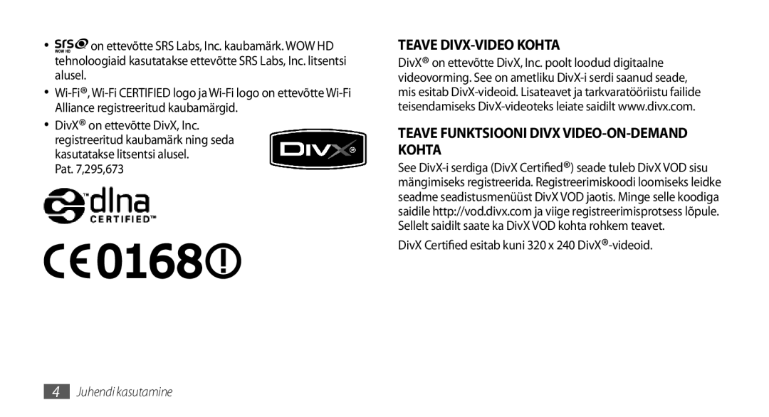 Samsung GT-I5800DKASEB, GT-I5800CWASEB manual Pat ,295,673, DivX Certified esitab kuni 320 x 240 DivX-videoid 