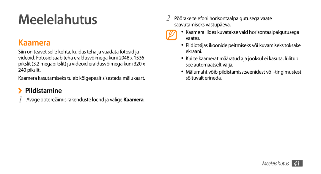 Samsung GT-I5800CWASEB, GT-I5800DKASEB manual Meelelahutus, Kaamera, ››Pildistamine 