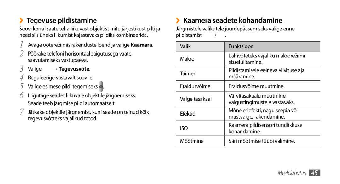 Samsung GT-I5800CWASEB, GT-I5800DKASEB manual ››Tegevuse pildistamine, ››Kaamera seadete kohandamine, Valige → Tegevusvõte 