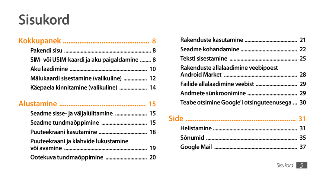 Samsung GT-I5800CWASEB, GT-I5800DKASEB Sisukord, Puuteekraani ja klahvide lukustamine, Rakenduste allalaadimine veebipoest 