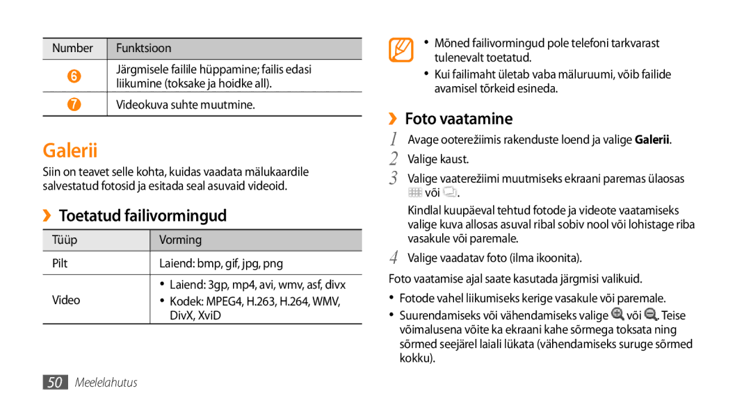 Samsung GT-I5800DKASEB, GT-I5800CWASEB manual Galerii, ››Toetatud failivormingud, ››Foto vaatamine 