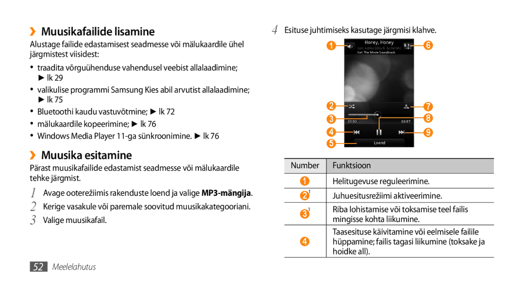 Samsung GT-I5800DKASEB, GT-I5800CWASEB manual ››Muusikafailide lisamine, ››Muusika esitamine 