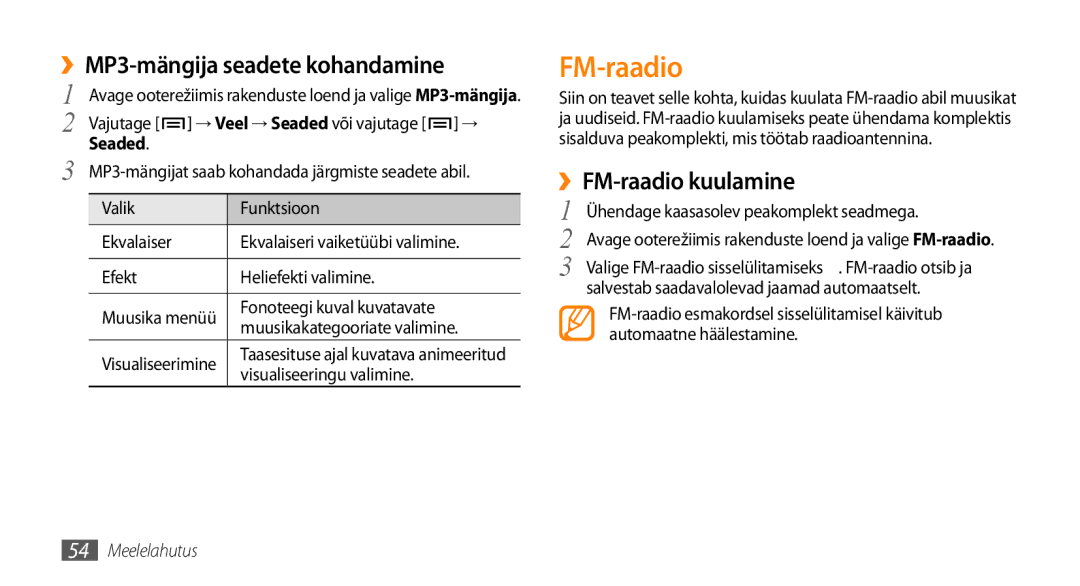 Samsung GT-I5800DKASEB, GT-I5800CWASEB manual ››MP3-mängija seadete kohandamine, ››FM-raadio kuulamine, Seaded 