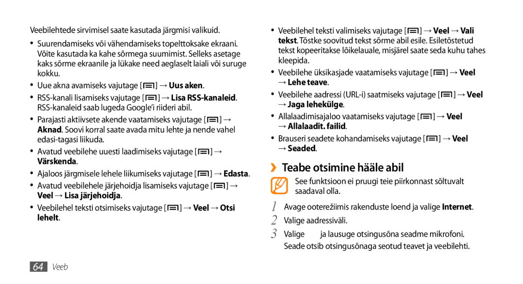 Samsung GT-I5800DKASEB manual ››Teabe otsimine hääle abil, Veebilehel teksti otsimiseks vajutage → Veel → Otsi lehelt 