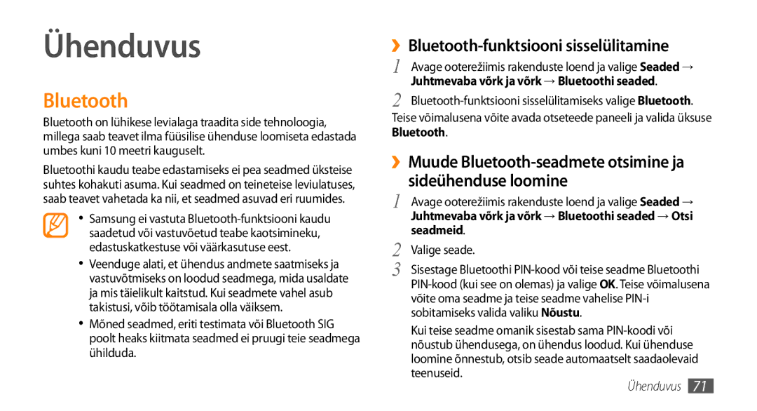 Samsung GT-I5800CWASEB, GT-I5800DKASEB manual Ühenduvus, ››Bluetooth-funktsiooni sisselülitamine, Seadmeid 