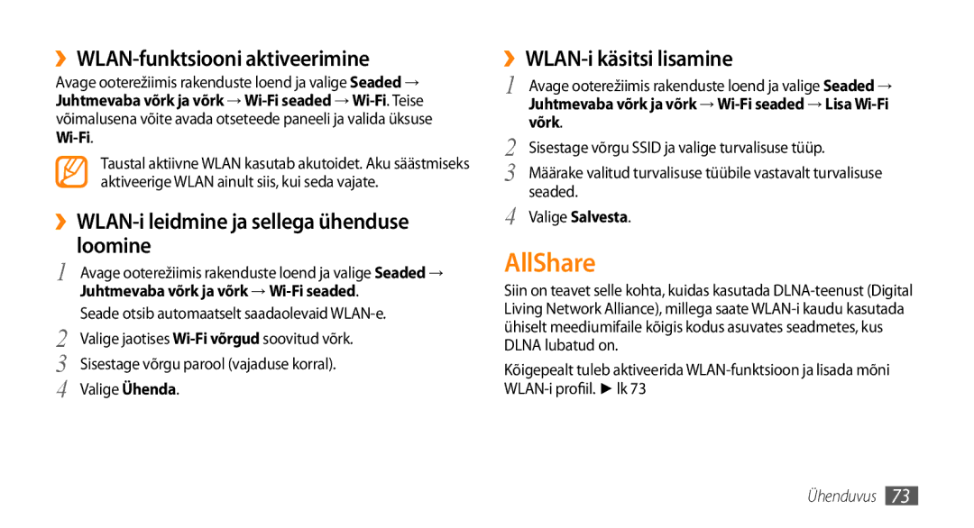 Samsung GT-I5800CWASEB manual AllShare, ››WLAN-funktsiooni aktiveerimine, ››WLAN-i leidmine ja sellega ühenduse loomine 