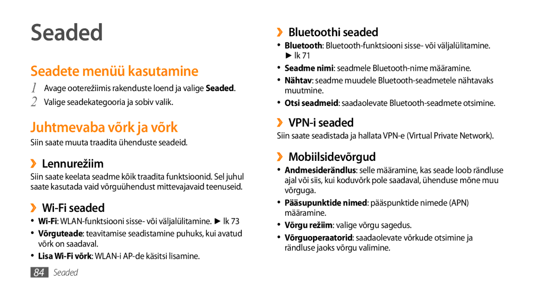 Samsung GT-I5800DKASEB, GT-I5800CWASEB manual Seaded, Seadete menüü kasutamine, Juhtmevaba võrk ja võrk 