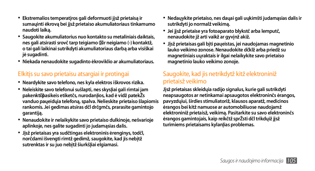 Samsung GT-I5800CWASEB, GT-I5800DKASEB manual Elkitės su savo prietaisu atsargiai ir protingai 