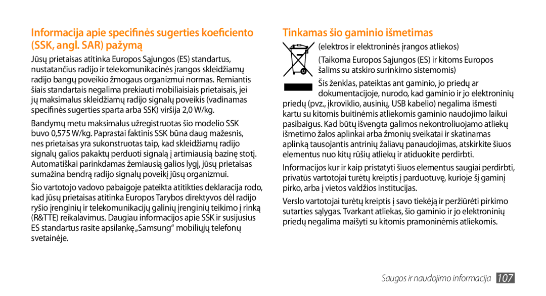 Samsung GT-I5800CWASEB, GT-I5800DKASEB manual Tinkamas šio gaminio išmetimas, Elektros ir elektroninės įrangos atliekos 