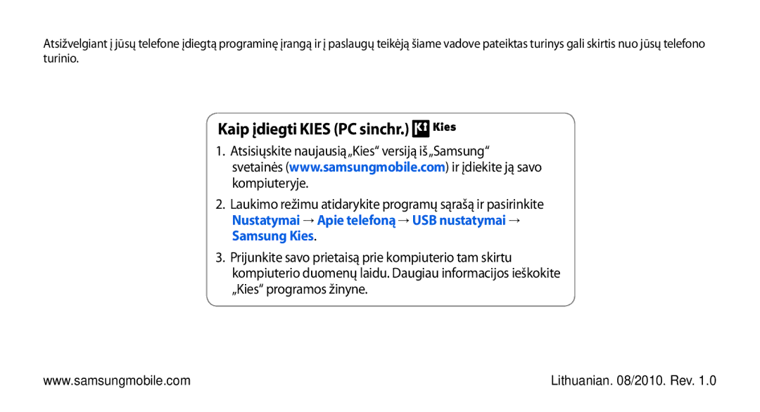 Samsung GT-I5800DKASEB, GT-I5800CWASEB manual Kaip įdiegti Kies PC sinchr 